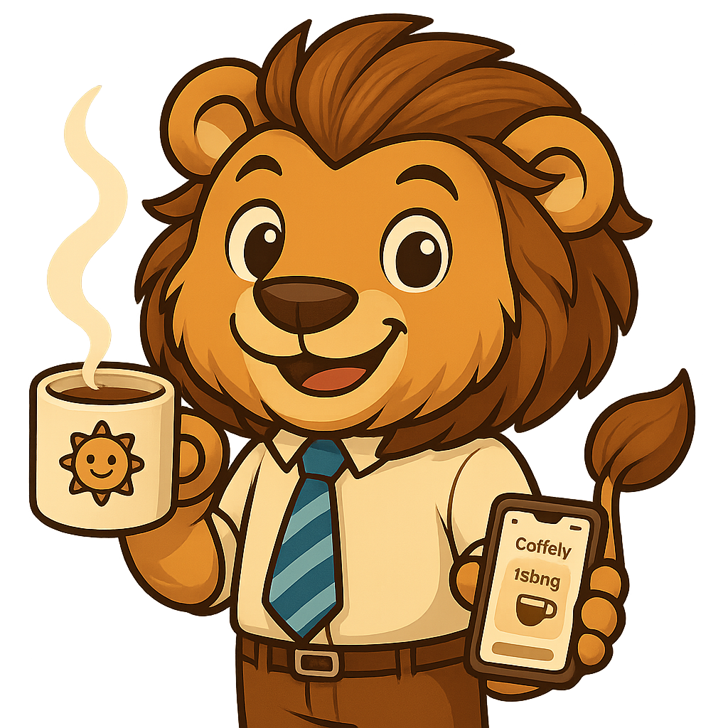 Leo, das Coffely Maskottchen im Café mit Kaffeetasse und Smartphone